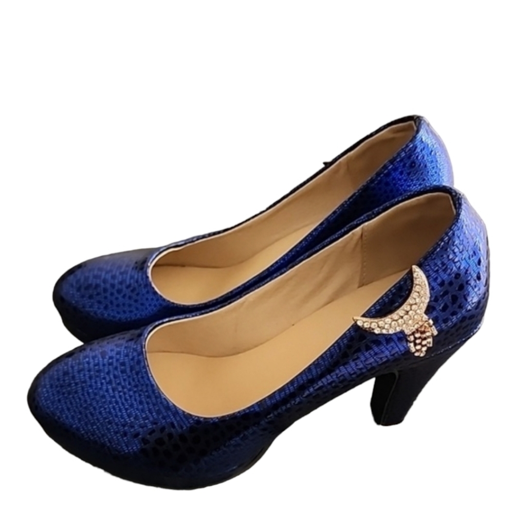METALLIC COBALT BLUE VEGAN Platform Pumps 8 Heels Gold CZ Moon Charms Chunky - Picture 15 of 16